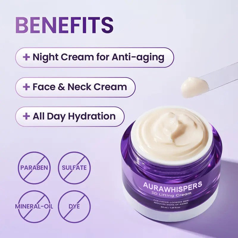 Aurawhispers 3D Lifting Cream 1.7 fl oz | Advanced Anti-Aging Probiotic Facial Night Cream with 17-Peptide Complex for Wrinkles on Face and Neck Nourishing Hydrating Skin Repair Firming Smooth