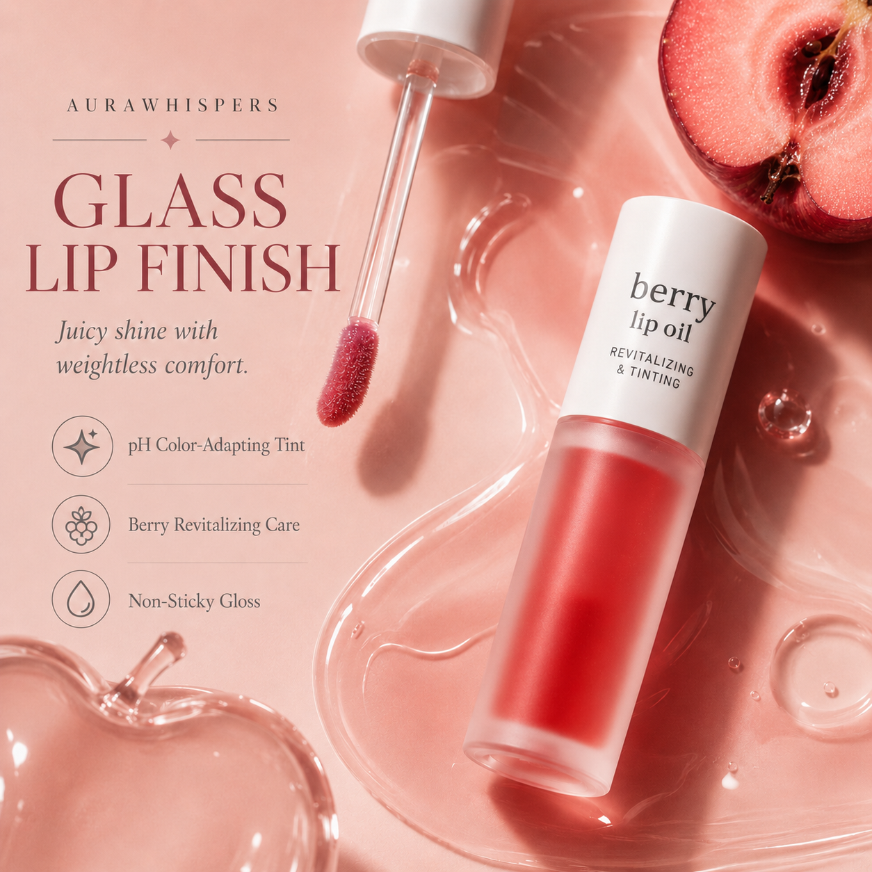 Last Day Buy 1 Get 1 Free Aurawhispers Apple Lip Oil Lip Stain｜Transfer-Proof Hydrating Plump Glossy Lip Tint, 7 Colors